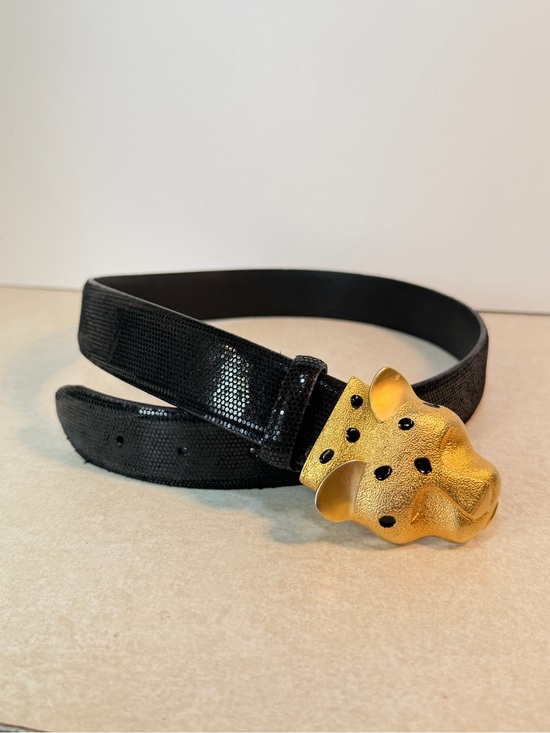 CARLISLE Black Leather Belt Gold Leopard Head Buckle Sz Small Vintage *Nice!* main image 4